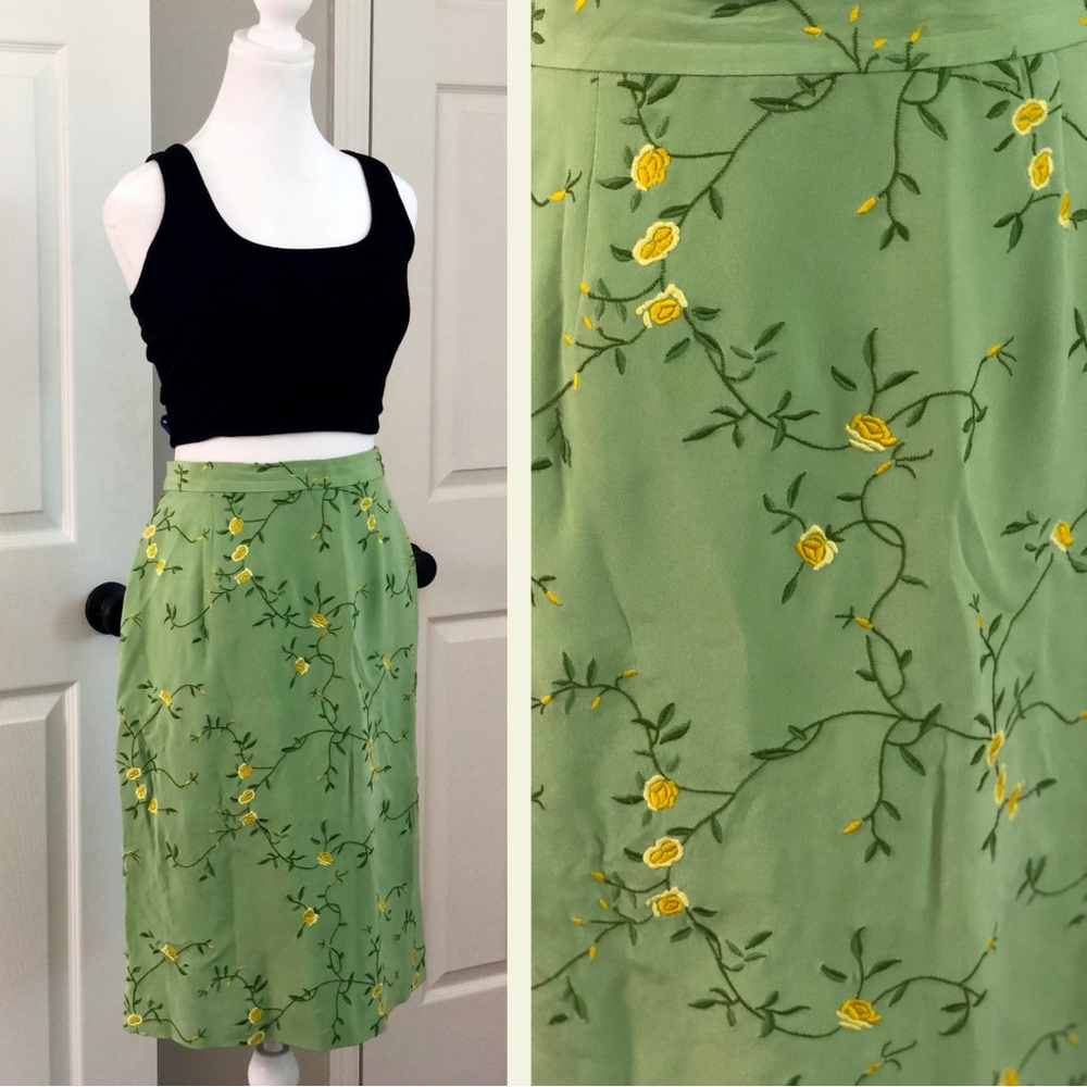 1980s Rena Rowan 100% Silk Floral Embroidered Green Lined Skirt Women's W27 4/6